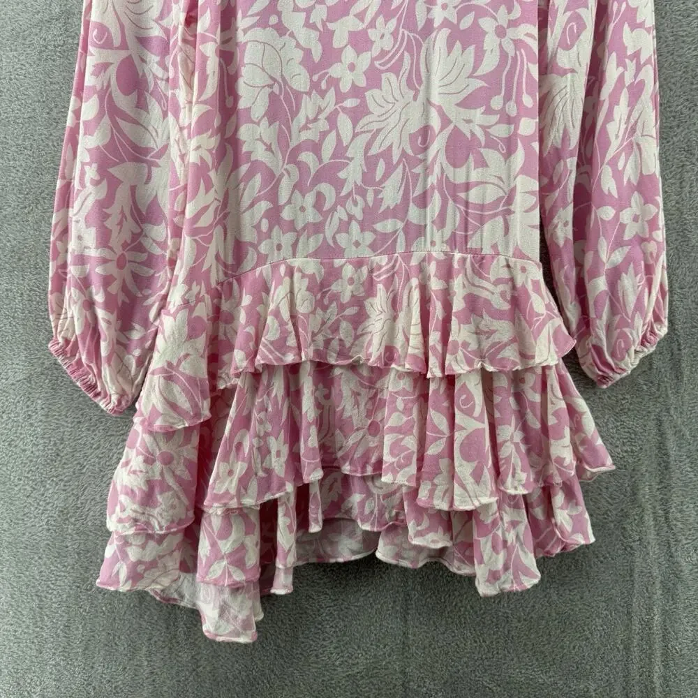 Free People Dress Womens XS Pink Rebecca Floral Ruffle Ballon Long Sleeve V-Neck